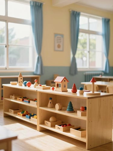 Mid-shot of a bright, clean kindergarten classroom in Vietnam with natural sunlight pouring through large windows, soft yellow and blue accents, children's wooden toys neatly organized on low shelves, no people.