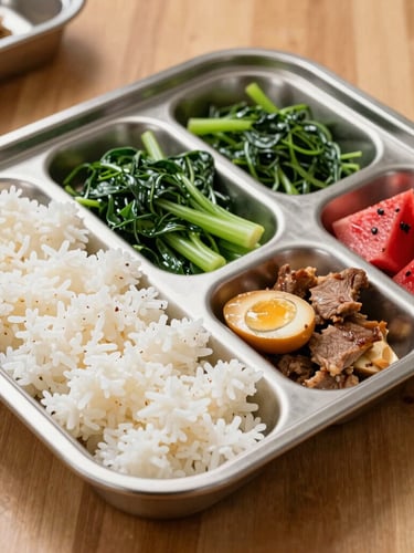 Cận cảnh khay ăn cơm chia ngăn bằng inox sáng bóng dành cho trẻ em, xếp đầy đủ cơm trắng, canh rau cải xanh, thịt kho trứng vàng óng và dưa hấu đỏ tráng miệng đặt trên bàn ăn gỗ sáng màu.