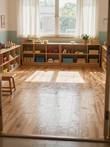 Góc nhìn rộng từ cửa vào lớp học mầm non sạch sẽ, sàn gỗ sáng bóng, các kệ đồ chơi xếp ngăn nắp, ánh nắng ban mai dịu nhẹ chiếu qua rèm cửa.