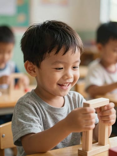 Cận cảnh một em bé Việt Nam khoảng 3 tuổi đang cười rạng rỡ, tay cầm đồ chơi gỗ trong lớp học mầm non ngập tràn ánh sáng tự nhiên.