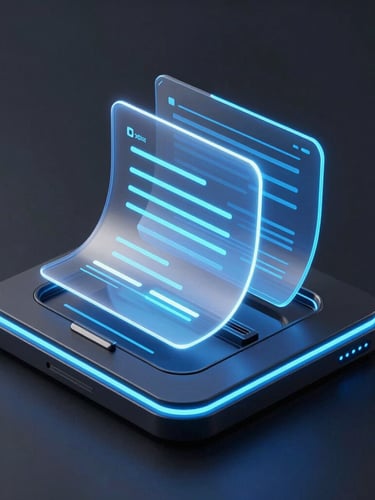 Sleek 3d render of a futuristic digital document compiler, glowing neon sheets sliding into a holographic binder, dark mode interface, electric blue accents, isometric view