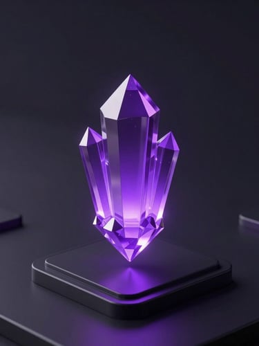 Sleek 3D render of a glowing violet crystal node floating over a dark-mode minimalist interface, soft ambient glow, high-contrast futuristic tech aesthetic