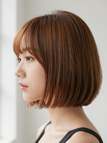 Crisp editorial profile showing a sharp bob cut with precise caramel color gradients under soft natural daylight, clean studio background.