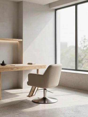 A serene, sunlit private salon suite with clean architectural lines, a single modern leather styling chair, large window with soft daylight, minimalist concrete and warm oak details, lookbook style.