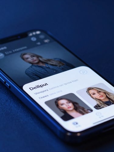 Close-up of a high-end smartphone running a sleek live streaming app interface, cool blue ambient light, rich screen glow, shallow depth of field