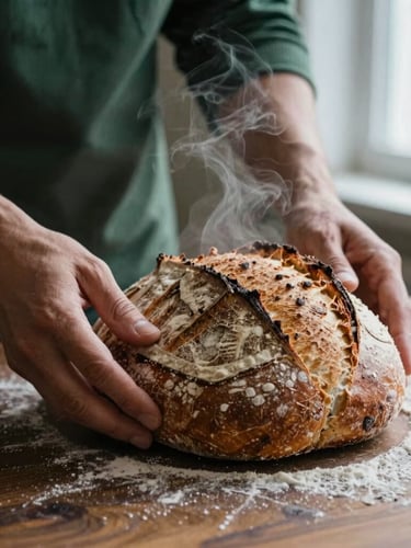 Close-up of hands pulling apart a fresh, steaming loaf of rustic sourdough bread on a dark wooden table, flour dusting the air, soft natural side light, warm moody tones, 35mm photography