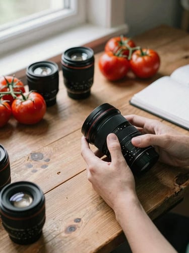 Overhead 35mm shot of a rustic wooden workshop table, hands organizing camera lenses, fresh tomatoes, and a notebook, soft natural light from the side, cozy scandinavian aesthetic