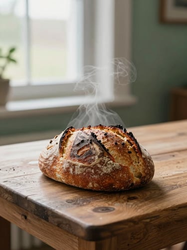 Warm editorial photograph of a rustic wooden table with fresh sourdough bread, steam rising, soft natural window lighting, cozy Scandinavian aesthetic, 35mm