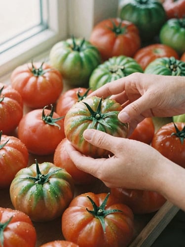 Overhead shot of a vibrant farmers market stall, hands arranging heirloom tomatoes, soft natural overcast daylight, warm editorial 35mm photography