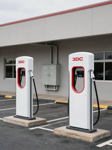 Wide environmental shot of a commercial parking structure, two Level 3 DC fast-charge pedestals in foreground, conduit runs visible along the wall to a utility cabinet, overcast outdoor light, no people