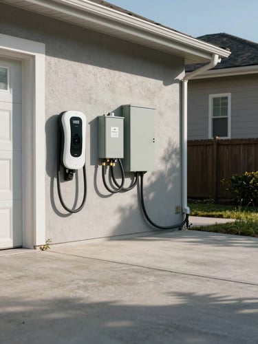 Wide environmental shot of a residential driveway, a Level 2 EV charger freshly mounted on a garage wall to the left, electrical conduit running cleanly to the panel, daylight casting hard shadows across gray concrete, full installation context visible