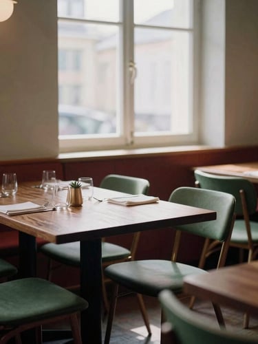 Cozy Scandinavian-style restaurant dining room with soft, diffused natural window light casting moody shadows across dark wood tables and minimalist green chairs.