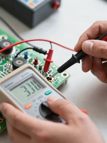 Macro close-up of a technician's hands using a digital multimeter to measure voltage on an open electric gate control board, bright California daylight.