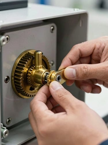 Macro-detail of a technician's hand adjusting the brass limit switch gears inside an open electric gate operator housing, bright daylight, high contrast.