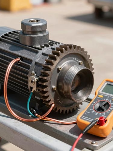 Macro shot of heavy automatic gate motor gears, clean copper wiring harness, and a professional digital multimeter measuring circuit voltage in bright California daylight.