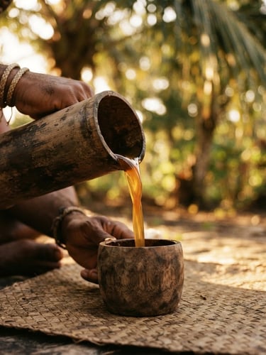 Close-up of golden amber Moke liquid being poured from a traditional bamboo vessel into a small wooden cup, warm golden hour light filtering through palm leaves, shallow depth of field, 35mm film style