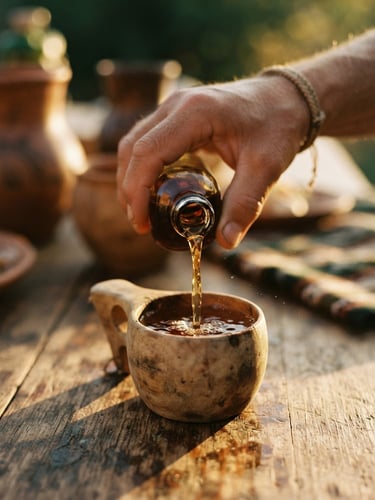 Warm golden hour natural light, close-up of a hand pouring clear amber Moke liquor into a traditional wooden cup, rustic wooden table background, shallow depth of field, 35mm film