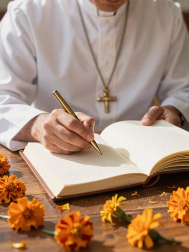 A hereditary priest in traditional white attire writing with a brass pen in a large leather-bound ledger, marigold flowers scattered on the wooden desk, soft morning sunlight