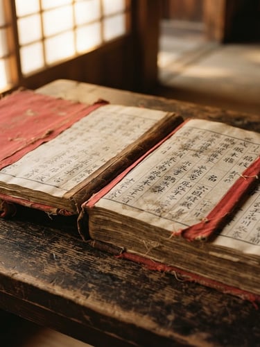 Close-up of ancient handwritten family lineage ledgers bound in red cloth, resting on a wooden table, warm morning light filtering through a temple window