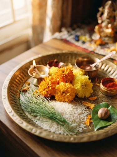 Close-up of a traditional brass pooja plate with fresh marigolds, rice grains, and darbha grass under warm morning sunlight, shallow depth of field, 35mm