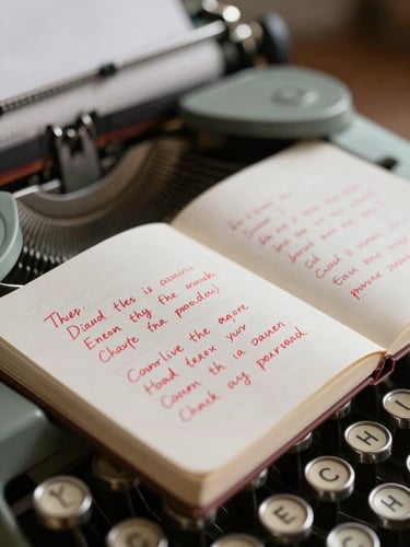 Close-up of heavily annotated script margins with red ink, vintage typewriter keys visible in soft focus, low-key lighting.