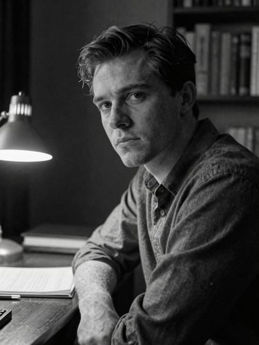 High-contrast black-and-white portrait of Russell James in a dimly lit London study, looking thoughtfully away from the camera, soft desk lamp lighting.