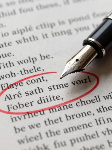 Extreme close-up macro shot of a typed screenplay page, a vintage fountain pen resting on the paper, vivid red ink annotations circling a block of dialogue, high-contrast chiaroscuro lighting.