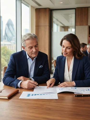 A thoughtful environmental portrait of an elegant senior founder in his late 60s and his professional daughter in her late 30s reviewing documents together in a modern, sunlit boardroom with warm wood accents, editorial corporate photography style.