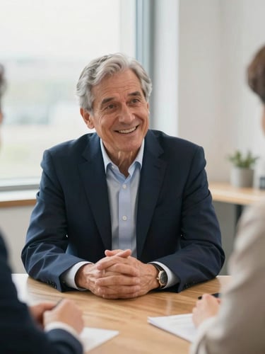 Medium environmental portrait of a senior advisor in a deep navy suit talking warmly with next-generation business leaders in a bright office, soft window lighting, shallow depth of field.