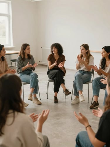 Warm editorial documentary photograph of diverse young women and men in a bright, modern community hall, actively engaged in a group discussion, hands gesturing, soft natural overcast light, muted earthy tones, 35mm lens.