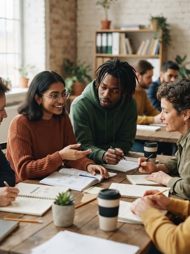 Candid medium shot of diverse youth and women engaged in a collaborative training session, hands sharing materials on a table, soft natural overcast light, muted earthy tones, 35mm lens, subject off-center to the left