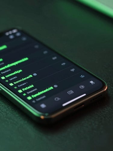 Macro close-up of a modern Android phone screen showing a clean, dark-mode terminal interface with electric green text, resting on a dark slate desk under moody neon green ambient lighting, shallow depth of field.
