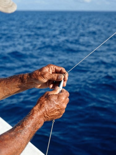 Close-up of a seasoned Costa Rican captain's weathered hands rigging a lure on a boat deck, bright morning sun, deep blue water in background, 35mm