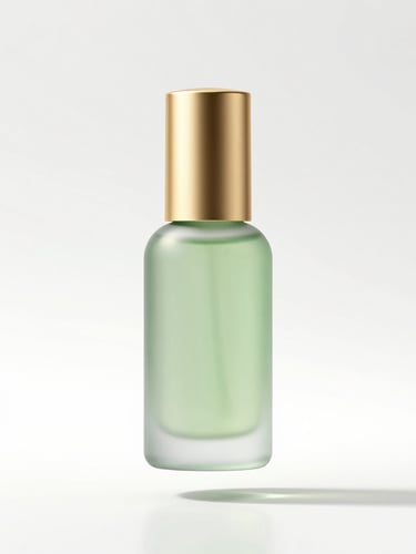 A floating 3D render of a frosted light-green serum bottle with a liquid gold cap, set against a pristine white clinical studio background with soft golden reflections.