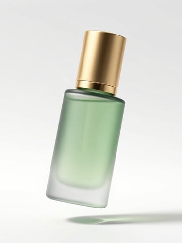 A premium 3D product render of a frosted light-green serum bottle with a liquid gold cap, floating under bright clinical studio lighting with soft shadows and luminous gold reflections on a pure white background.