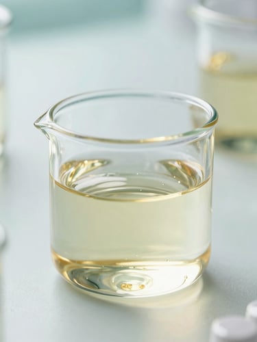 Close-up of high-tech laboratory glassware containing clear active gels, soft golden reflections, clean clinical environment, ultra-sharp focus