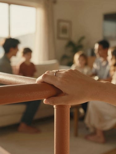 Close-up of a hand with wedding ring holding a textured terracotta-toned safety rail firmly, warm cinematic golden-hour light, soft focus background of a cozy modern home, 35mm