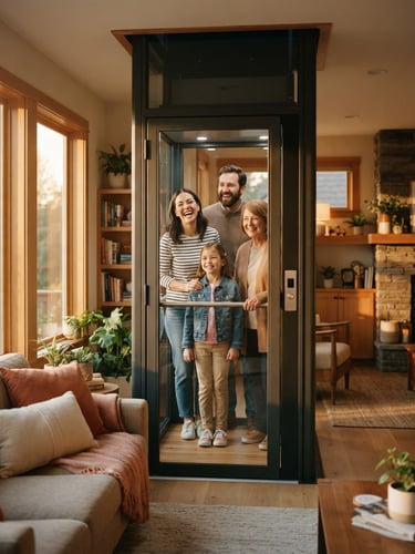Candid medium shot of a modern warm living room, a family smiling as they use a sleek residential lift, golden-hour window light, 35mm photography