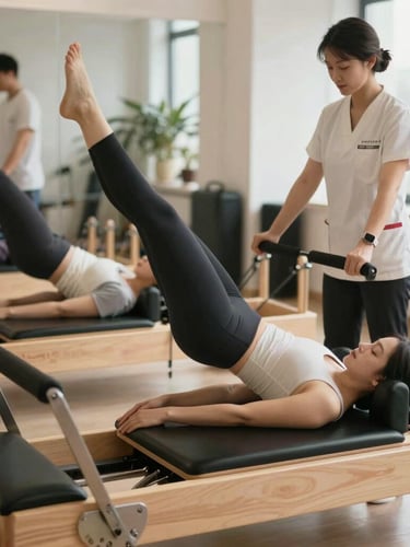 Geniş ve aydınlık pilates stüdyosunda, ahşap reformer cihazı üzerinde fizyoterapistin gözetiminde kontrollü hareket yapan bir üye, doğal gün ışığı, steril klinik atmosfer.