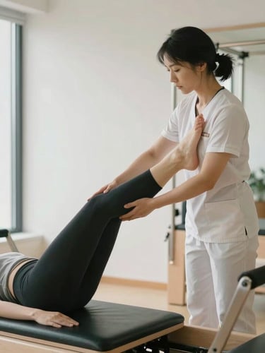 Minimalist clinical pilates studio, a physiotherapist in a clean uniform guiding a client's leg alignment on a reformer machine, bright natural daylight, focus on posture correction.