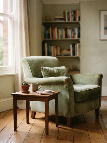 Close-up environmental portrait of a therapist's empty consulting room, warm indirect window light illuminating a soft green armchair, shallow depth of field, 35mm style