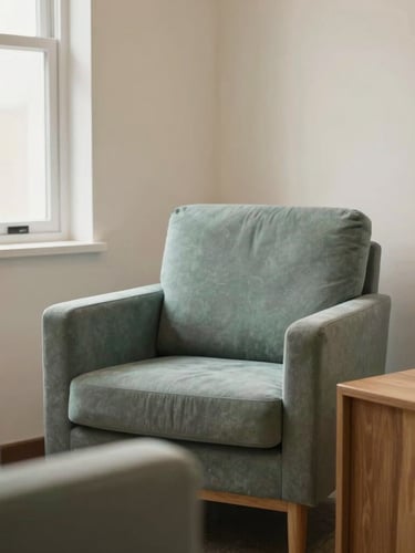 A clean, organized therapist consulting room, warm indirect light illuminating an empty armchair and a wooden side table, calm professional atmosphere
