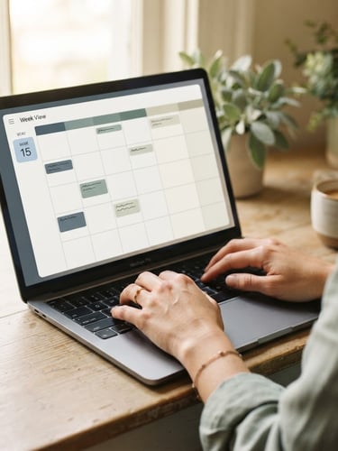 Close-up of hands typing on a laptop showing a clean digital calendar interface, warm natural window light, muted slate tones, shallow depth of field
