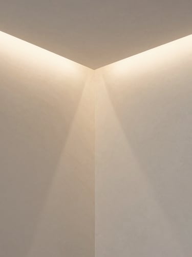 Close-up of a flawless gypsum wall corner, crisp architectural lines, warm natural light and soft shadows, elegant micro-cement texture, clean minimalist design