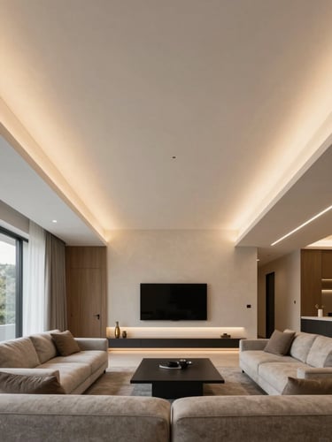 Straight-on architectural interior photography of a modern living room in Cuenca, showing a flawless gypsum ceiling with warm integrated LED lighting, clean lines, minimalist luxury, 35mm.