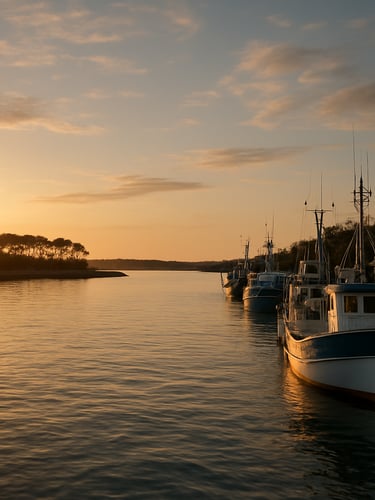 Wide environmental shot of the Capbreton harbor at golden hour, fishing boats moored along the quay to the right third, warm low Atlantic light raking across the water, expansive sky above, the pine-lined shore visible in the distance