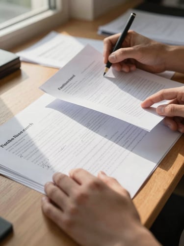 Close-up of hands spreading out printed field research documents and handwritten notes on a wooden table, natural window light raking across the papers, depth of field blurring the background workspace