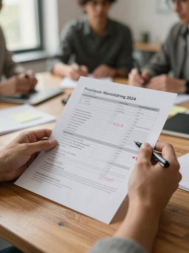 Close-up of two hands holding a printed project monitoring report over a wooden table, annotated with pen marks and sticky notes, warm natural window light from the left side, shallow depth of field with the background showing a blurred team discussion