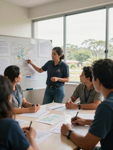 Wide environmental shot of a Latin American NGO workshop in progress—facilitator at a whiteboard covered in project maps, three participants leaning in around a table with printed data sheets, natural daylight from tall windows, depth of field pulling focus to the documents and hands mid-discussion, warm ambient light, no posed smiles