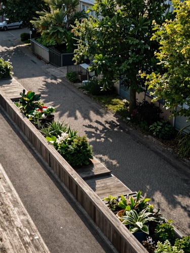 Vue aérienne rasante d'un quartier résidentiel de Nancy, mise au point sur des terrasses en bois et des allées pavées impeccables entourées de verdure sous un soleil de fin d'après-midi.